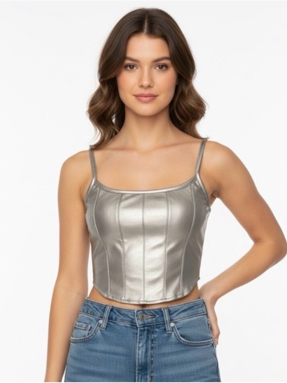 Silver Metallic Cropped Bustier Tank Top
